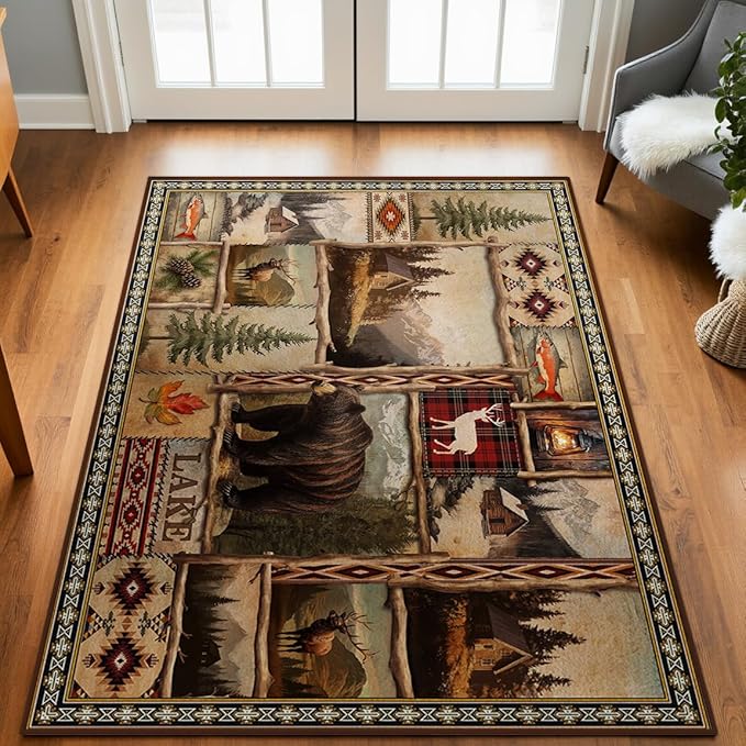 Rustic Lodge Bear Moose Deer Rugs for Entryway 3x5, Farmhouse Cabin Door Mats Indoor Entrance for Entryway Bedroom Dining Room, Non-Slip Machine Washable Indoor Entry Rug Doormat Carpet
