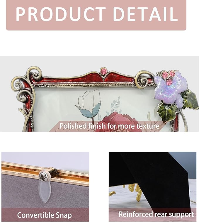 Vintage Floral Picture Frame Luxury Unique Ornate Antique 4X6 Photo Frame of HD Glass for Tabletop/Wall Display Gifts for Women (Retro Purple Flowers with Red Edges)