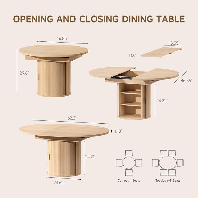 DHH 47"-63" Extendable Round Dining Table for 4–8 with Storage, Mid Century Modern Farmhouse Wood Oval Dinner Table with Pedestal Base for Kitchen, Living Room (Natural Wood)