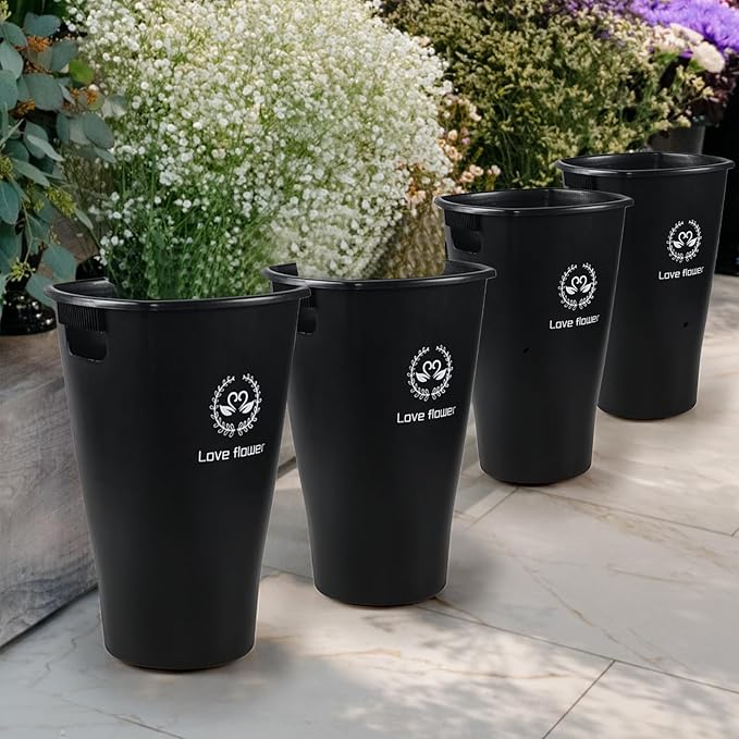 4 Pcs 16 Inch Tall Flower Buckets, Plastic Vases Farmhouse Flower French Bucket with Handle, Floral Container Planter Pails (Black)