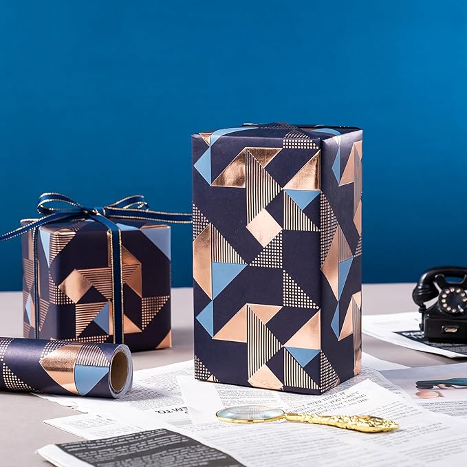 WRAPAHOLIC Birthday Wrapping Paper for Men - Mini Roll - 17 Inch x 16.5 Feet - Foil Modern Navy Blue Geometric Wrapping Paper Perfect for Husband, Boyfriend Birthday, Wedding, Bridal Shower
