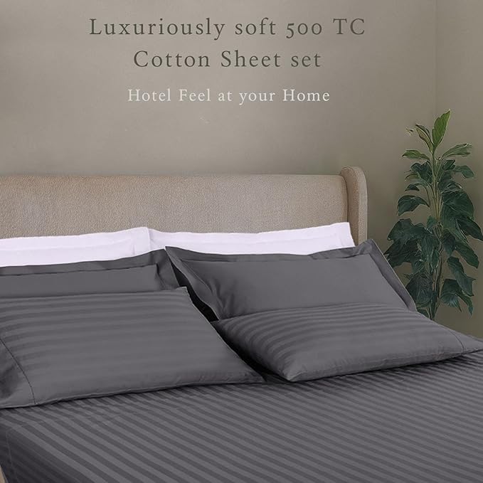 Threadmill 500 Thread Count Full-Size Damask Stripe, 4 Pc Luxury Cotton Bedding Set, Silky Smooth Dark Grey Sheets with 16" Elasticized Deep Pocket, 2 Pillowcases & Free Tote Bag