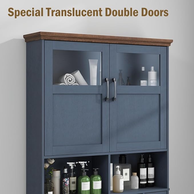 Vabches Over The Toilet Storage Cabinet, Storage Cabinet Over Toilet with Double Doors & Toilet Paper Holder Stand, Freestanding Toilet Shelf Space Saver with Anti-Tip Design & Adjustable Shelf, Blue