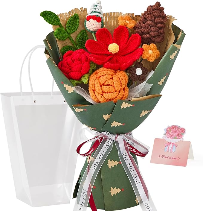 Alecono Crochet Flower Bouquet, Christmas Knitted Flowers, Green Completed Handmade Flower for Lover Anniversary Birthday Party Gifts (Include Card)