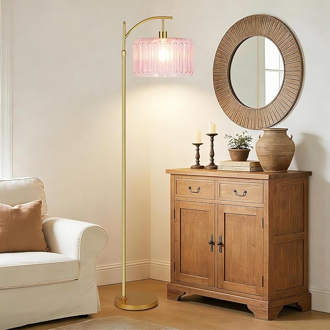 QIYIZM Pink Floor Lamp for Living Room,Bedroom,Gold Dimmable Standing Lamp with Remote,Mid Century Modern Brass Tall Lamp Boho Floor Lamps Arc Stained Glass Flower Floor Light Lamp Girls kids Bohemian