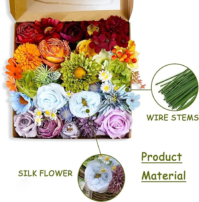Artificial Flower Combo Set, 37PCS Rainbow Silk Flower Faux Bouquet Set with Stems for DIY Bridal Wedding, Colorful Fake Flowers for Flower Arrangement Party and Home Decor