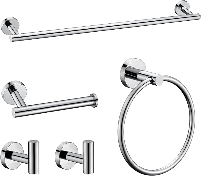 5 Pieces Polished Chrome Bathroom Hardware Accessories Set, SUS304 Stainless Steel 24 Inch Bath Towel Bar Set, Round Bathroom Towel Holder Set, Towel Racks for Bathroom Wall Mounted