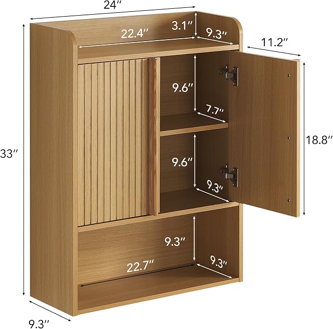 VANIRROR Bathroom Wall Cabinet, 24 x 9.3 x 33 in Wood Finish Wall Mounted Medicine Storage Organizer with Fluted Doors, Raised-Edge Top, Over Toilet Cabinet for Laundry Kitchen