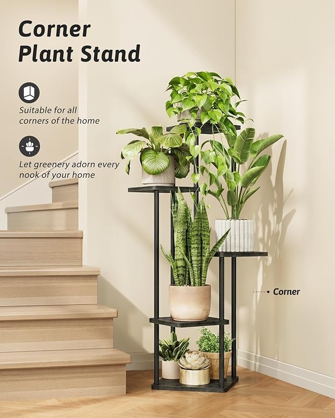 GENTINGBRO Tall Plant Stand Indoor 5 Tiered Plant Shelf for Multiple Plants Coner Shelf Stand Wood Plant Stand Metal Shelving for Living Room Bedroom Balcony Patio Black