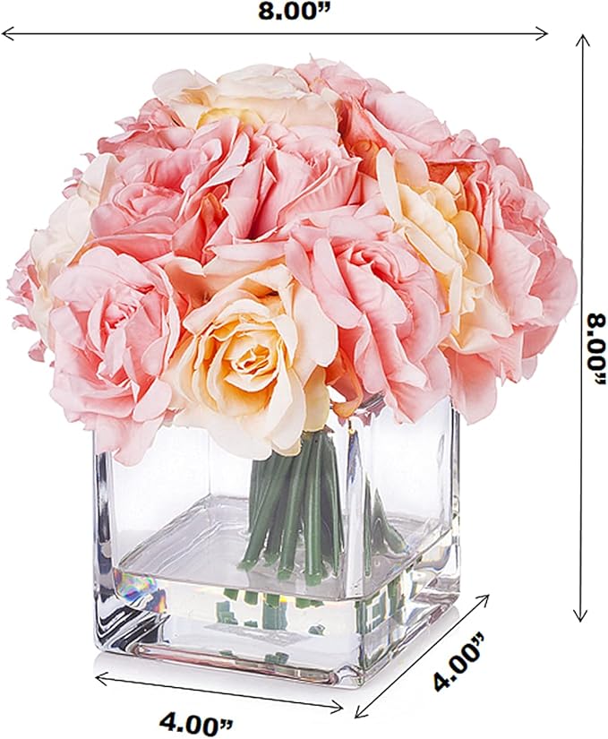 Enova Floral 18 Pieces Artificial Silk Roses Fake Flower Arrangement in Cube Glass Vase with Faux Water for Home Office Wedding Decoration (Pink)