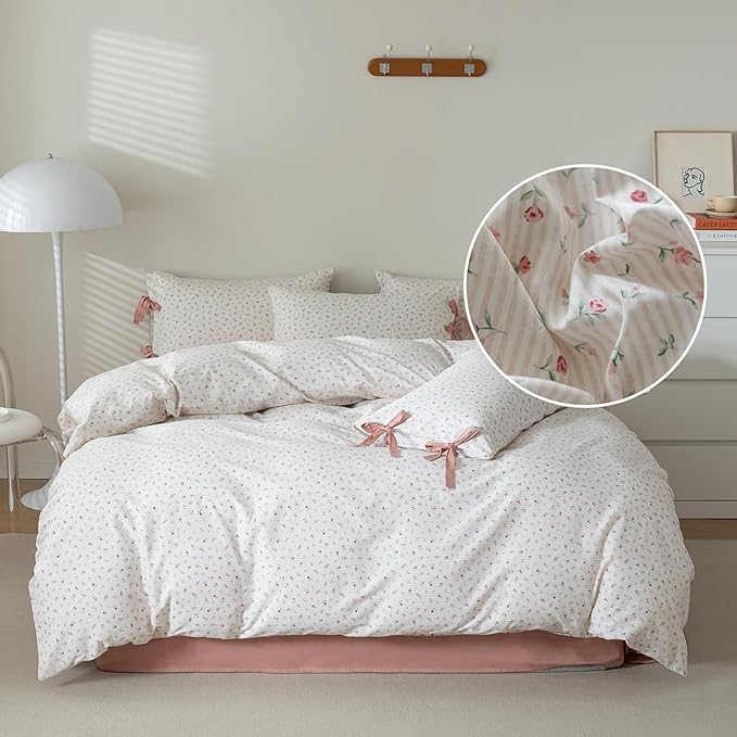 Cotton Floral Duvet Cover Full Size Pink Rose Flower Comforter Cover Chic Floral Stripes Bedding Set Girls Women Cottagecore Duvet Cover with 2 Bowknot Pillowcases Vintage Flower Bedding Set Full