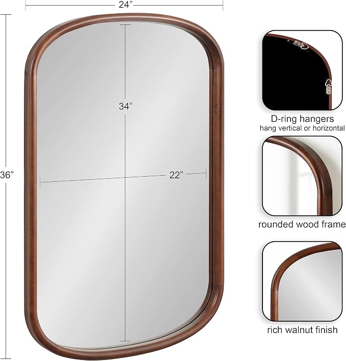 Kate and Laurel Talma Arched Oval Wall Mirror, 24 x 36, Dark Walnut, Transitional Capsule Mirror with Solid Poplar Wood Frame and Rounded Frame Profile