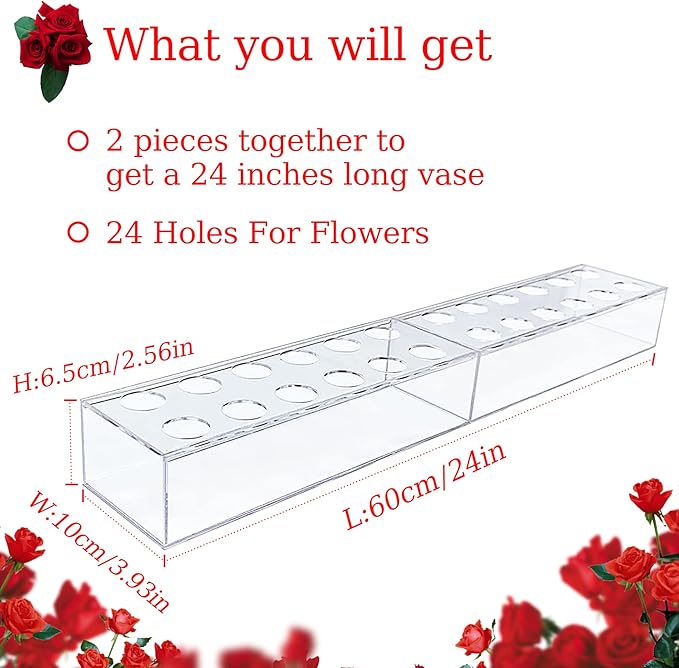 2Pcs Acrylic Flower Vase Rectangular Clear Acrylic Modern Vases- Total 24 Inches Long Rectangular Floral Centerpiece Low Decoration Vase for Dining Table Halloween Party Decor Wedding（24Holes）