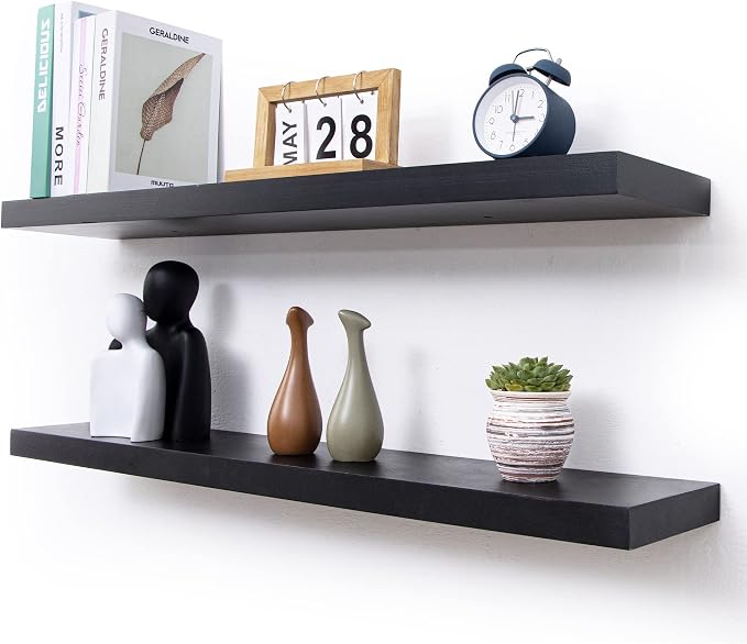 fuqing Black Floating Shelves for Wall - 36 Inch Lightweight Wood Wall Shelves Set of 2 - Floating Black Shelves for Storage Display Ledges for Bedroom Kitchen Living Room