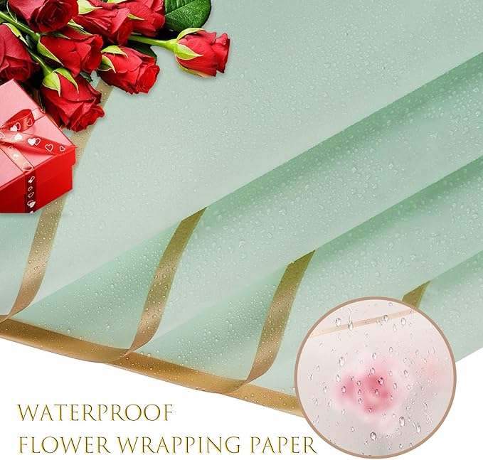 40 Sheets Light Green Flower Wrapping Paper, Gold Edge Waterproof Floral Wrapping Paper, 22.8x22.8 inch Bouquet Paper Wrap with 2 Rolls Ribbon for Wedding Birthday Gift DIY Crafts Florist Supplies