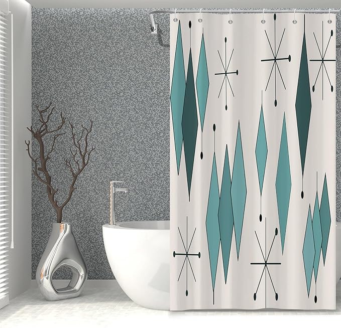 Mid Century Turquoise Shower Curtain Abstract Teal Diamond Geometric Atomic Starburst Pattern Beige Backdrop for 1950s Retro Bathroom Decor Shower Curtain Set with 12 Hooks, 36x72 Inches