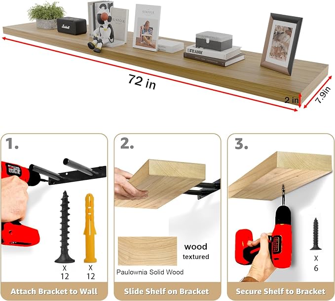 IAE Floating Wall Shelves 72 inch,Bathroom Shelf Wall Mounted,Invisible Shelf Floating Kitchen Shelves,Wooden wall Shelving with Brackets for Living Room wall Mounted,Easy Install,Set of 2,Natural