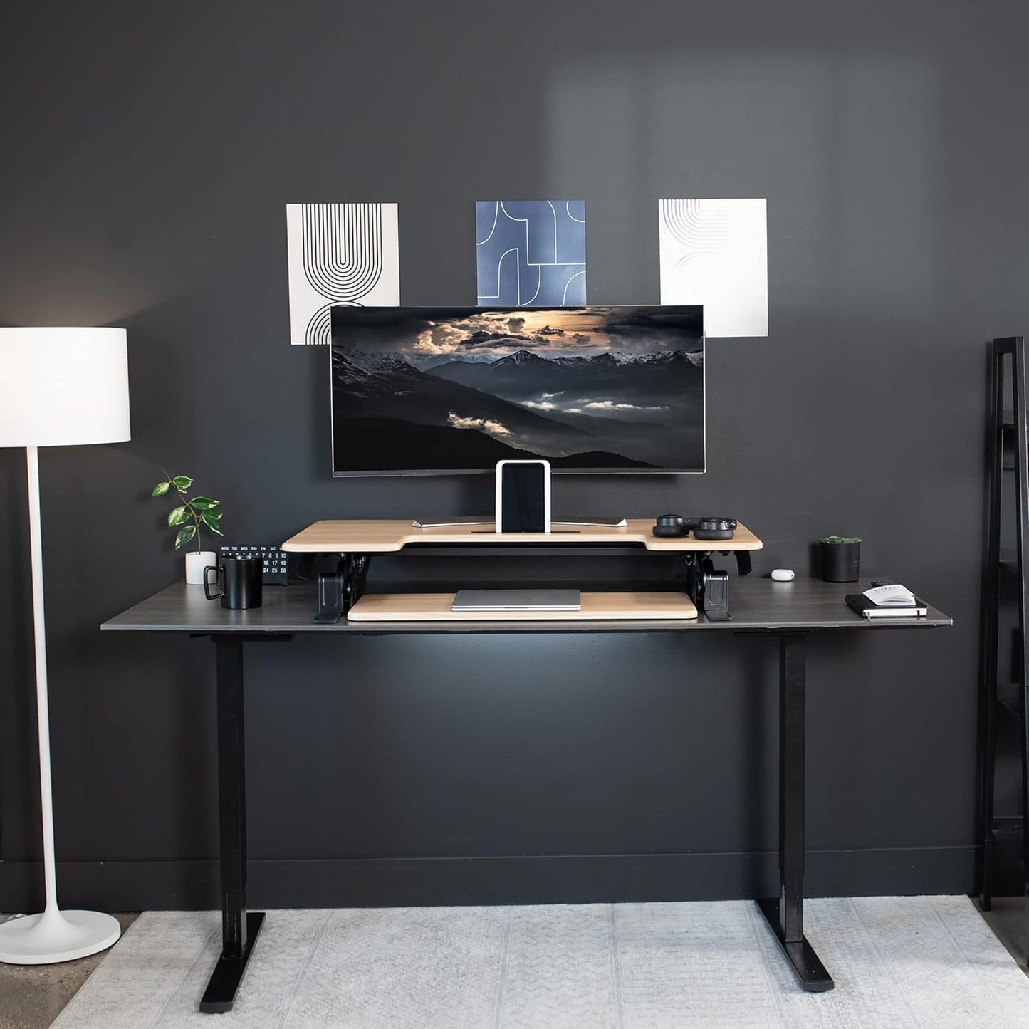 VIVO Height Adjustable Stand Up Desk Converter - Quick Sit to Stand Dual Monitor Riser | Light Wood Top, Black Frame