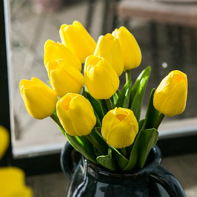 20pcs Yellow Artificial Tulip Flowers, Silk Fake Flowers 13" for Mother's Day, Easter, Valentine’s Day Gifts in Bulk, Home, Kitchen, Wedding Decorations