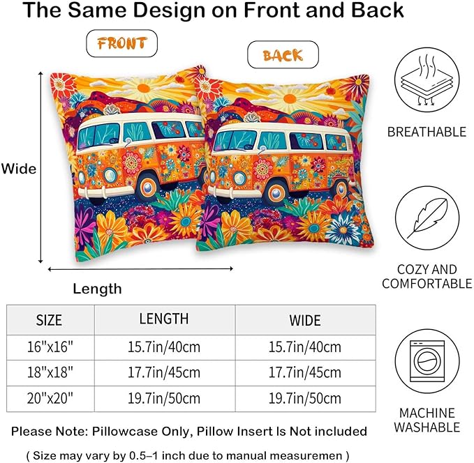 Hippie Van Throw Pillow Covers 18x18 Set of 2 | Home Decor Retro 1960s Cushion Cases with Zipper | Decorative Pillowcases for Couch, Sofa, Living Room and Bedroom