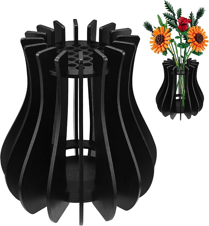 Wooden Vase for Lego Flowers - Wooden Vase for Lego Bouquet, Wood Vases Puzzle Set for LegoRoses Sunflower Tulips, Vases Kit for Artificial Bouquet Arrangement Home and Office Decoration(Black)