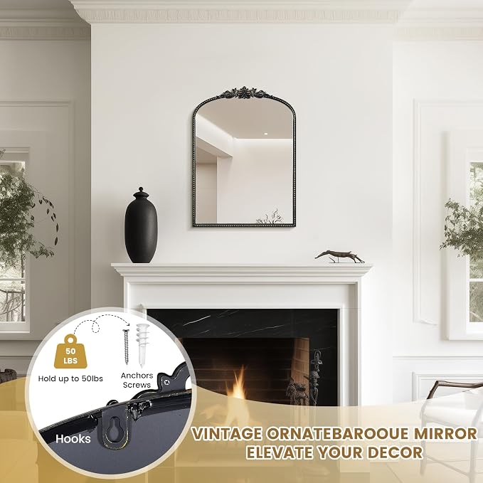 WallBeyond Black Vintage Mirror for Vanity 22x30 Inch, Black Antique Mirror with Ornate Frame, Arched Vintage Wall for Bathroom, Living Room, Fireplace, Entryway
