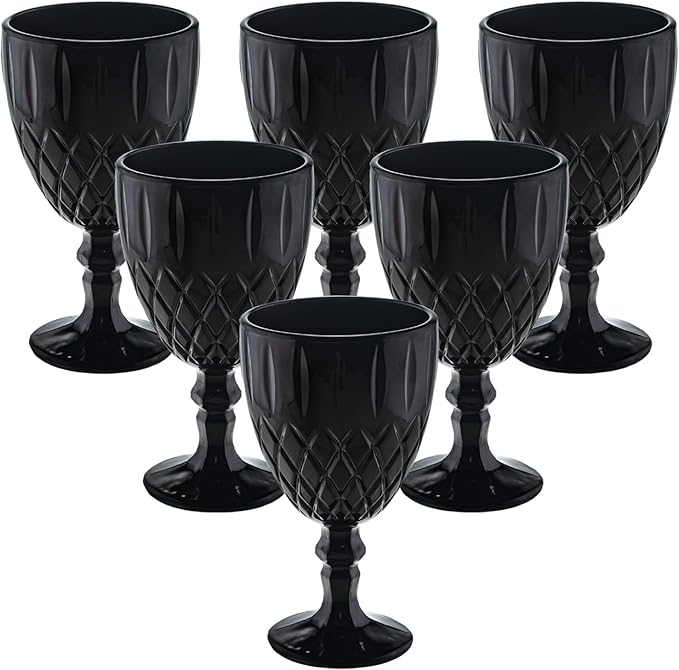 Black Vintage Wine Glasses Set of 6, 11 Ounces Colored Glass Water Goblets, Colorful Unique Embossed Pattern High Clear Stemmed Glassware Wedding Party Bar Glass Drinking Cups Fancy Glasses