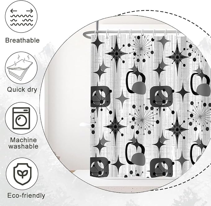 Mid Century Shower Curtain, 60x72inch, Modern Abstract Retro Grey Striped Geometric Shower Curtain Sets 1950s Boho Bathroom Shower Curtain with 10 Hooks