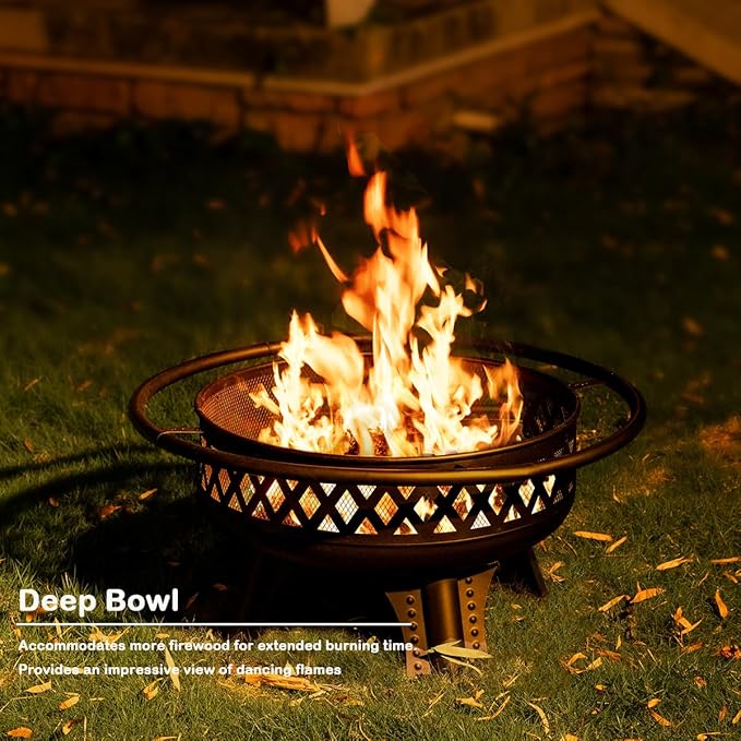 Panovue 32 Inch Outdoor Fire Pit with Grill, Wood Burning Firepit for Outside with Lid/Fire Poker, Metal Round Fire Pit Table for Patio Backyard Garden Bonfire Party