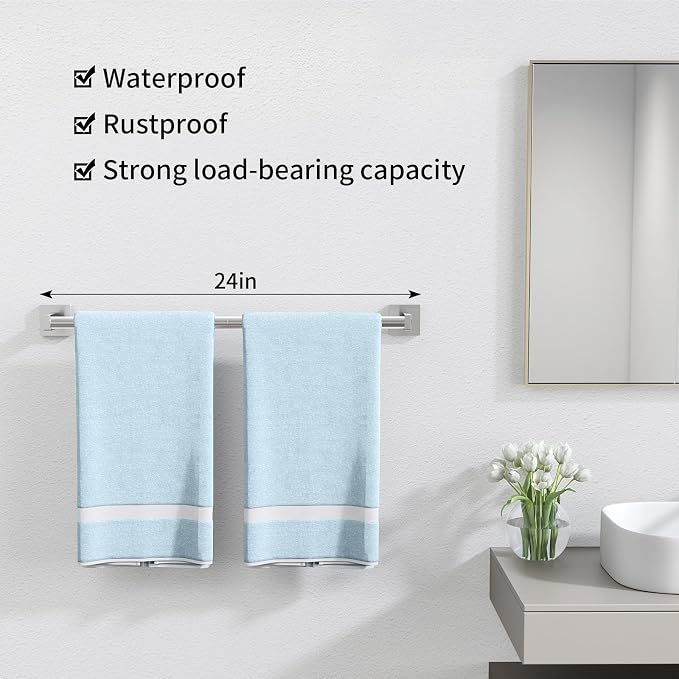 MKO Towel Bar for Bathroom, 24" Hand Towel Holder Rod with Metal, Towel Racks for Bathroom Hanger Wall Mounted for Kitchen, Brushed Nickel 2 Pack
