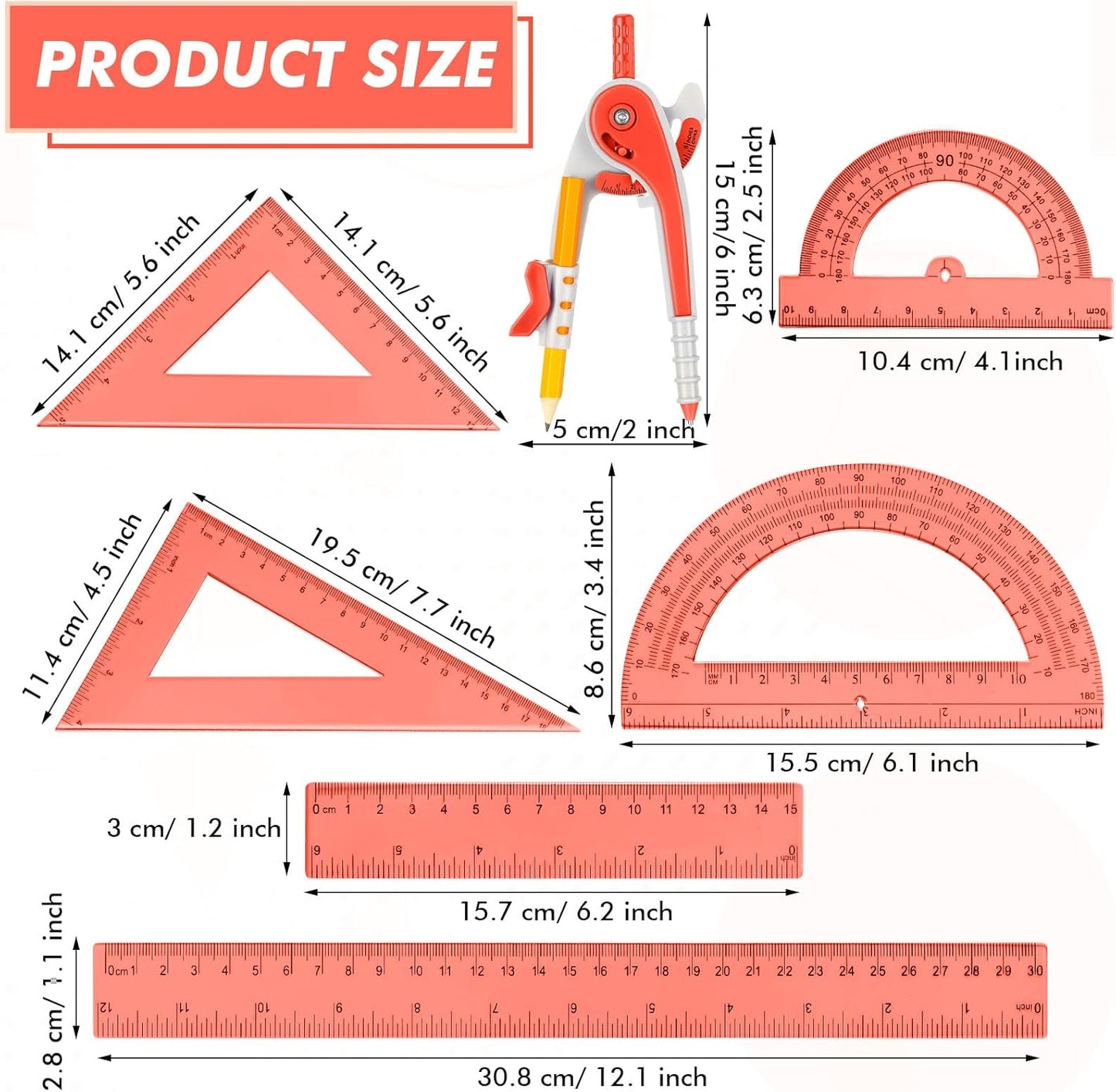Zonon Geometry Math Set - 7-Piece Plastic Kit with Protractor, Compass & Rulers | Orange