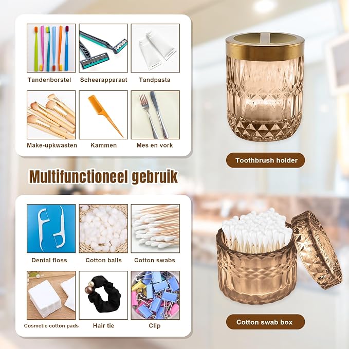 5Pcs Brown Bathroom Accessories Set, Glass Bathroom Accessories, Vintage Bathroom Countertop Decoration Includes Soap Dispenser, Toothbrush Holder, Qtip Holder,Soap Dish and Rinsing Cup
