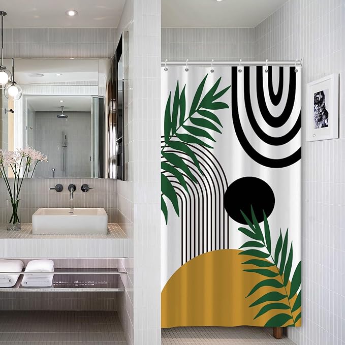 Boho Mid Century Shower Curtain Bohemian Abstract Modern Sun Bathroom Curtain Geometric Arch Curve Leaves Polyester Shower Curtain Sets for Bathroom Extra Long 36x72 in with 6 Hooks