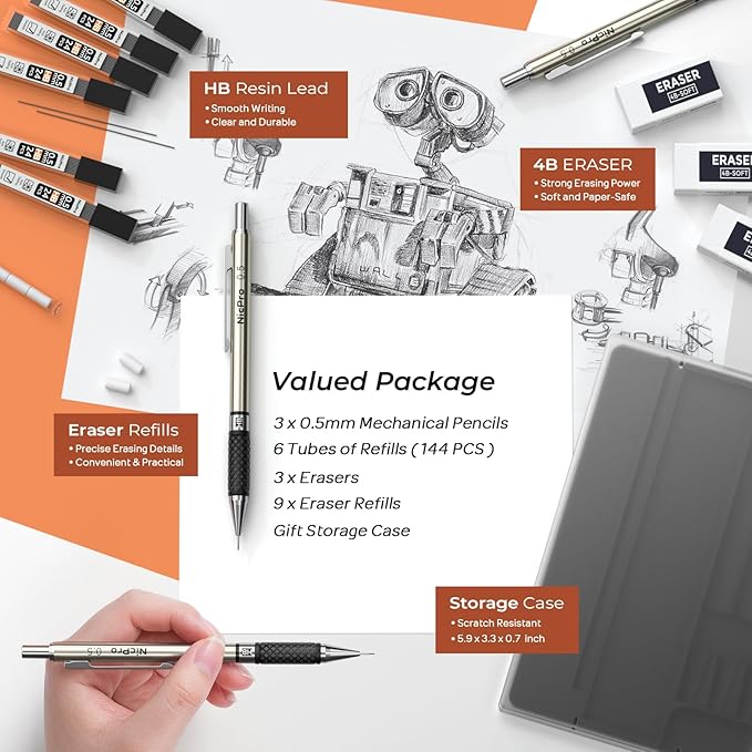 Nicpro 0.5 mm Art Mechanical Pencil Set in Storage Case, 3 PCS Metal Drafting Pencil Lead Pencil with 6 Tube HB Refills, 3 Erasers, 9 PCS Eraser Refills for Artist Writing, Drawing, Sketching