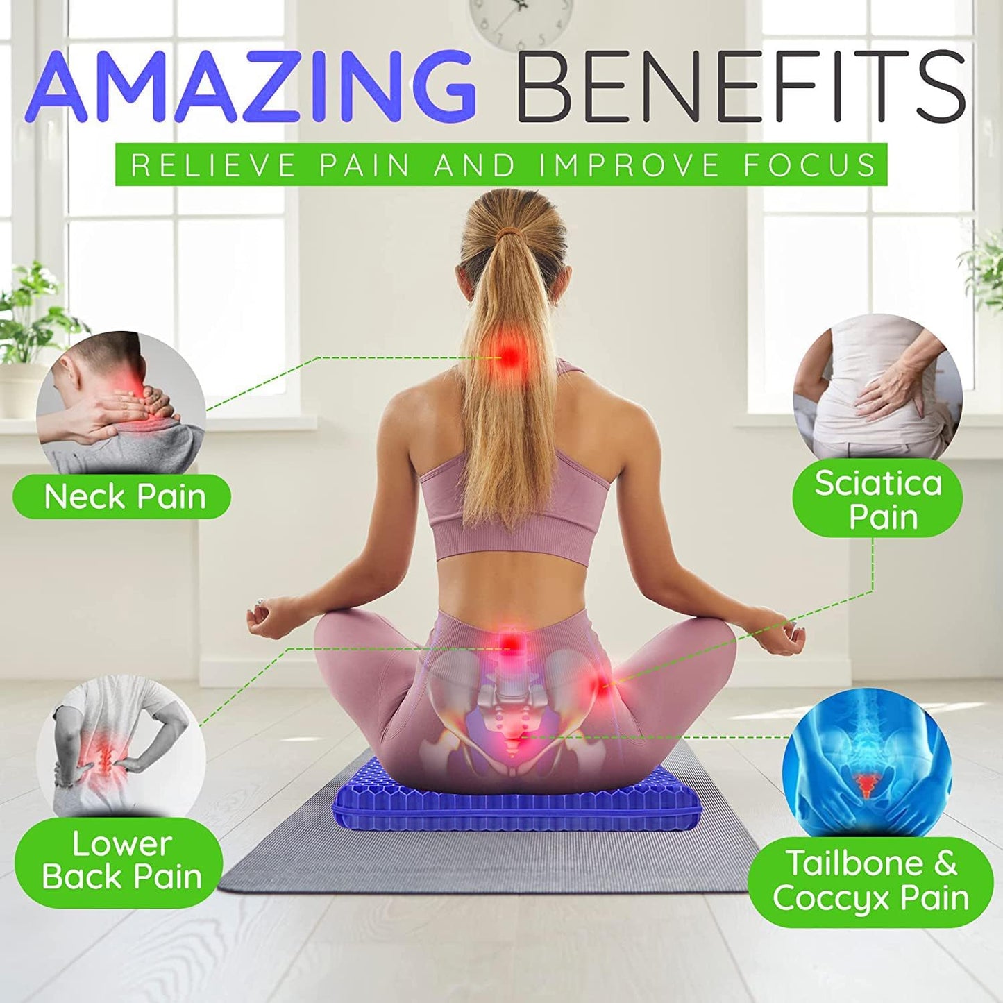 Skiennix Gel Seat Cushion - 19x19 Inch Pressure Relief for Long Sitting | Soft Breathable Gel Pad (Blue)