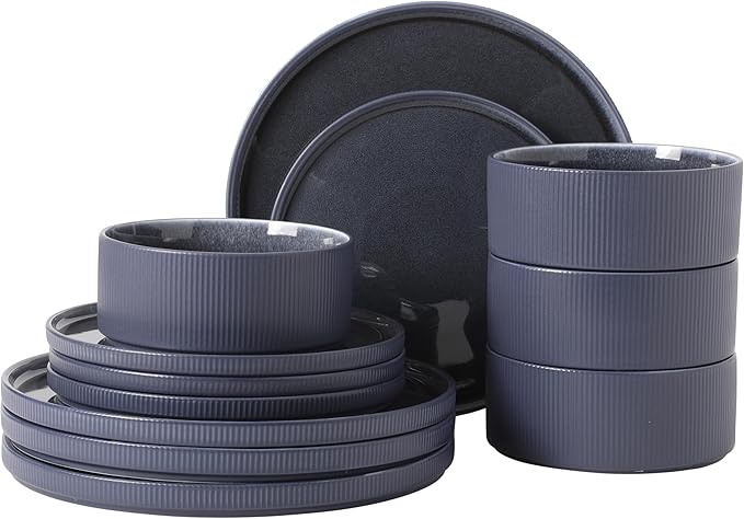 Gibson Elite Redrock Canyon 12-Piece New Bone China Dinnerware Set Service for 4, Reactive Glaze Plates and Bowls, Dishwasher and Microwave Safe, Navy Blue