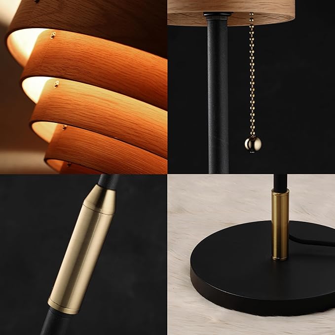 O'Bright Cascade Floor Lamp – Modern Wooden Layered Lampshade, E26 Socket, Pull Chain Switch, Metal Base, Standing Lamp for Living Room, Bedroom, Office, Black