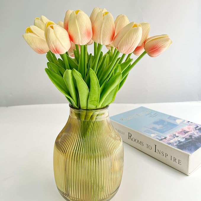 20 Pcs 13” Real Touch Champagne Pink Tulips Artificial Flowers, Latex Pu Fake Faux Lifelike Flowers with Stems, for Wedding Bouquet Christmas Home Decor