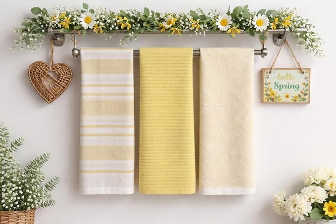 Yellow White Kitchen Hand Dish Towels: Oversized 28" x 16",100% Cotton Cloth Soft Cleaning Drying Absorbent Striped Solid Polka Dot Design, Set of 3 Multipurpose for Everyday Use (Yellow Austin)
