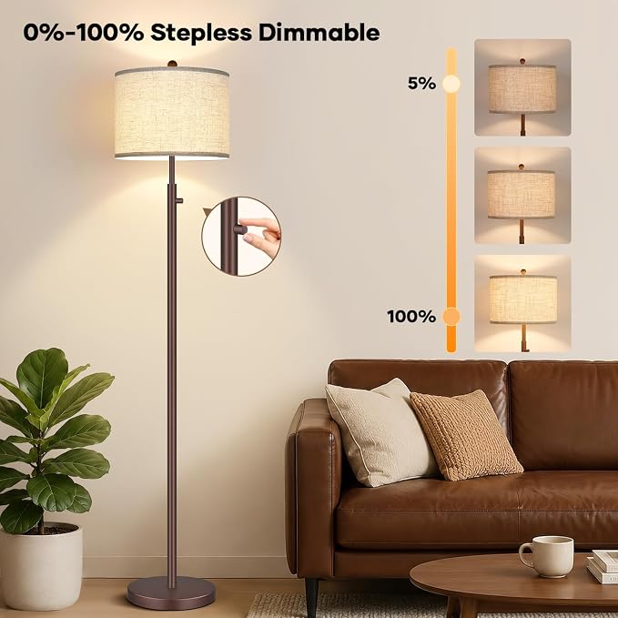 Nintiue 【Upgraded】 Dimmable Floor Lamp for Living Room, 11W LED Bulb Included, Modern Standing Lamp, Tall Pole Light with Linen Shade for Bedroom Reading Office Corner Nursery-Matte Brown