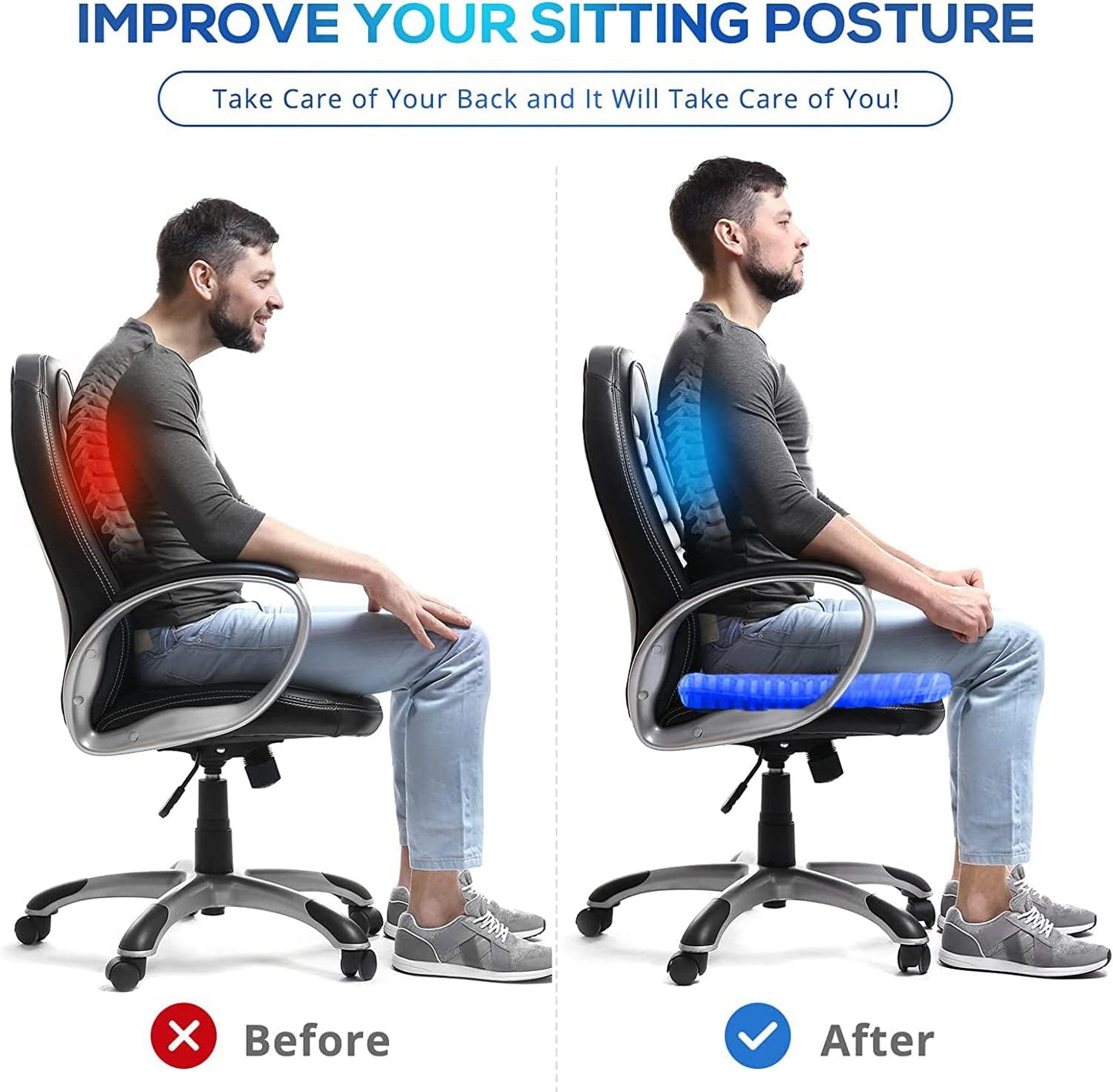 20" Gel Seat Cushion by [Brand Name] - Jumbo Thick Pressure Relief for Back, Sciatica & Tailbone Pain - Non-Slip Design for Office, Home & Car