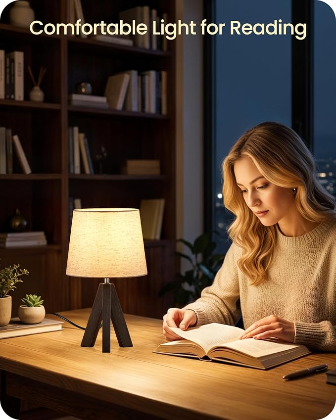 Small Table Lamp for Bedroom, 14.6" Bedside Lamp with Beige Linen Shade & Walnut Wood Tripod Base, Modern Nightstand Lamp for Living Room, Nursery, Entryway, E26 Socket, VE51TL05