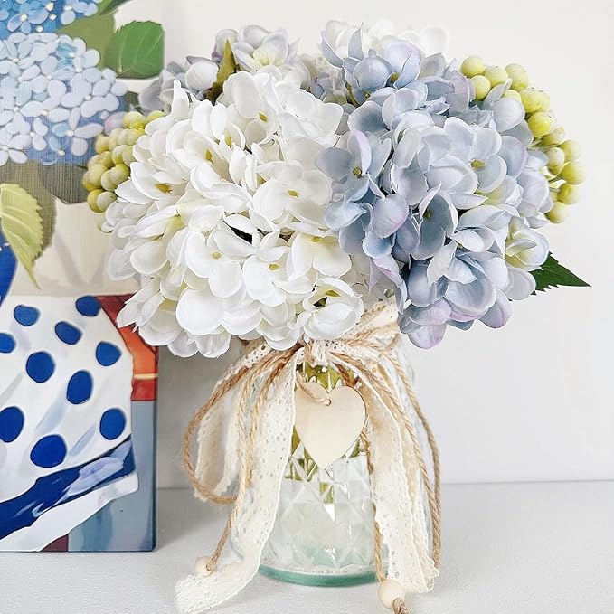 Faux Hydrangeas in Glass Vase, Artificial Fake Flower Silk Hydrangea Bouquet with Vase, Table Centerpiece Decorations Wedding Bouquets for Party Office Farmhouse Kitchen Home Decor