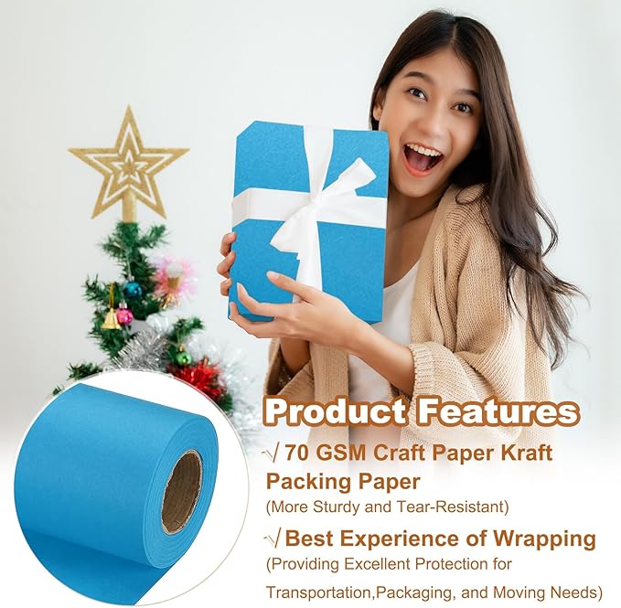 PATIKIL Wrapping Paper, 12" x 500"(42') 70 GSM Craft Paper Roll Kraft Packing Paper for Poster Bulletin Board, Gift Wrapping, Light Blue