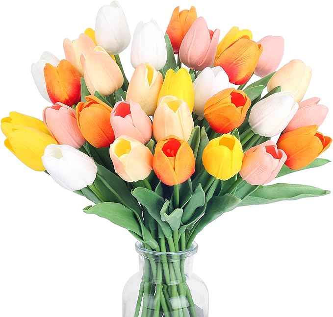 20pcs 14" Tulips Artificial Flowers for Real Touch Fake Tulips Slik Faux Flowers for Summer Wedding Bouquet Spring Easter Mother's Day Decor (5 Color)
