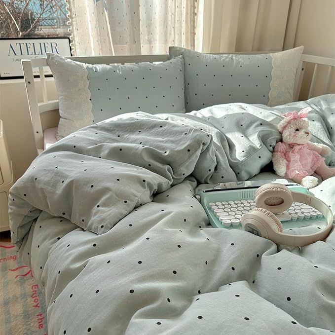 VM VOUGEMARKET Sage Green Comforter Set Twin XL Cute Black Dots Bedding Set,Soft Microfiber Princess Style Lace Comforter/Quilt with 2 Pillowcases,Romantic &Elegant-68 x90