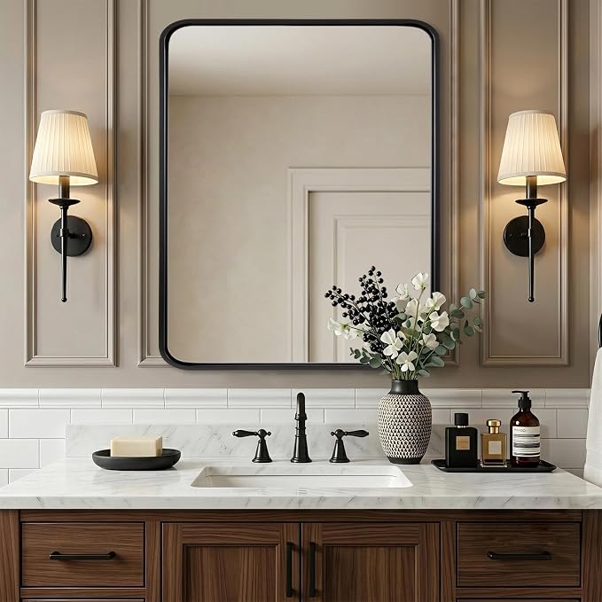 ANDY STAR 24x30’’ Black Bathroom Mirror, Black Bathroom Vanity Mirrors for Wall, Rounded Rectangle Mirror for Bathroom Sink, Tube Metal Frame, 1’’ Deep Wall Mounted Vertical/Horizontal
