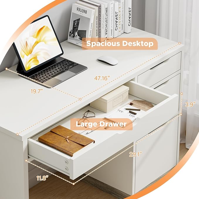 48 Inch White Desk with Drawers, Small Desk with 4 Storage Drawers for Kids, Computer Study Desk with Filing Drawers for Home Office
