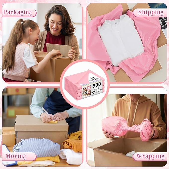 Qilery 500 Sheets Light Pink Tissue Paper Bulk for Gift Bags 20 x 30 Inch Acid Free Packaging Wrapping Decoupage Paper Sheets for Christmas Decoration DIY Crafts, Wedding, Packing Supplies for Moving