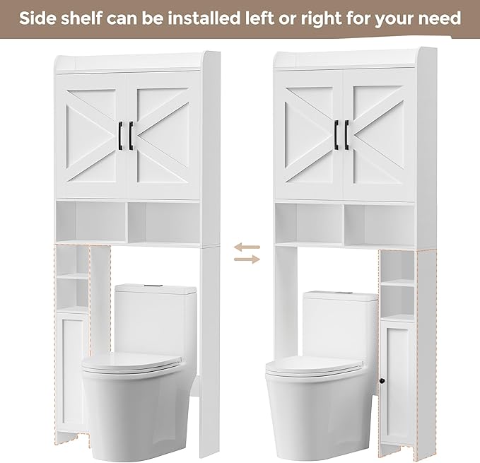Homhedy Over The Toilet Storage Cabinet, White | 2 Barn Door, Toilet Paper Holder Stand, Freestanding Toilet Shelf, Space Saver, for Bathroom, Restroom, Laundry
